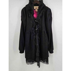 BKE Black Wool Pink Lined Faux Fur Hooded Lace Hem Goth Style Jacket Coat Sz L